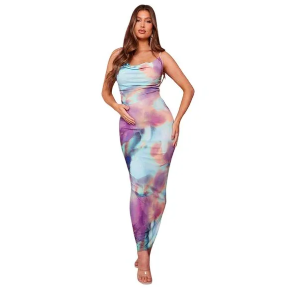 PrettyLittleThing Multicolor Maternity Abstract Print Cowl Neck Maxi Dress NWT - Picture 1 of 16